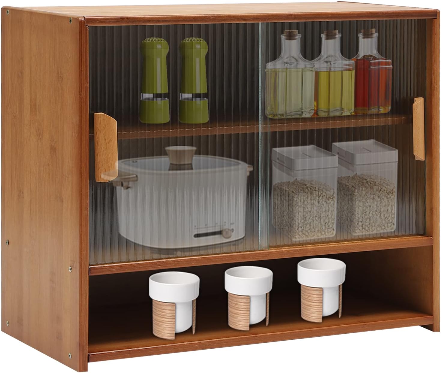Small Bamboo Kitchen Pantry Sideboard, 3Tiers Freestanding Countertop Storage Cabinet with 2 Acrylic Doors Black Storage Shelf, Sliding Pantry Cabinet for Home Bar, Coffee Bar (Tea-Colored)