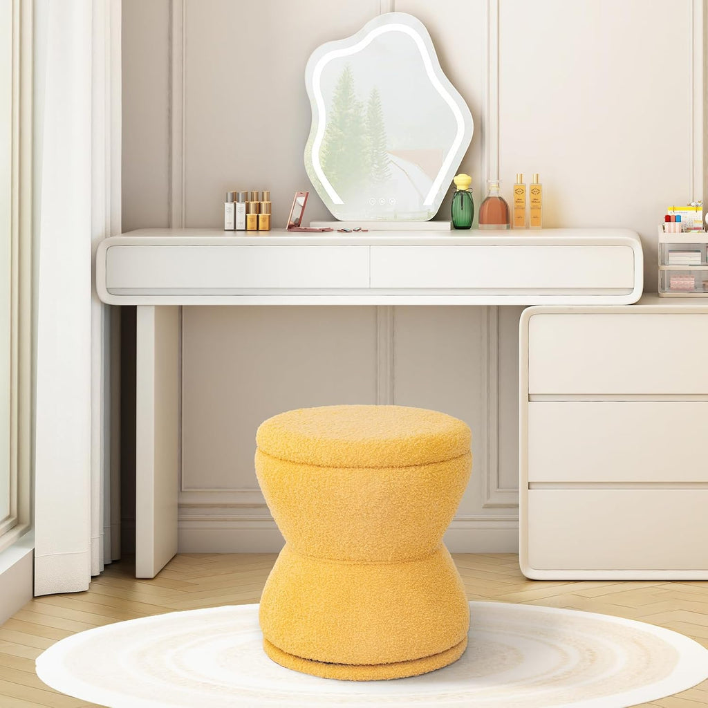 DHMAKER Round Ottoman with Storage, 360°Swivel Vanity Stool Chiar, Small Makeup Chair Comfy Upholstered Foot Stool with Thick Padded for Living Room, Bedroom, Entryway,Yellow