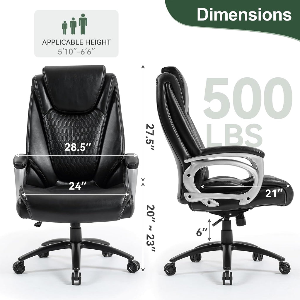 Vogue Furniture Direct 500lbs Big and Tall Office Chair, Heavy Duty High Back Executive Desk Chair, Adjustable Height 360° Swivel Computer Chair for Home Office Work (Black)