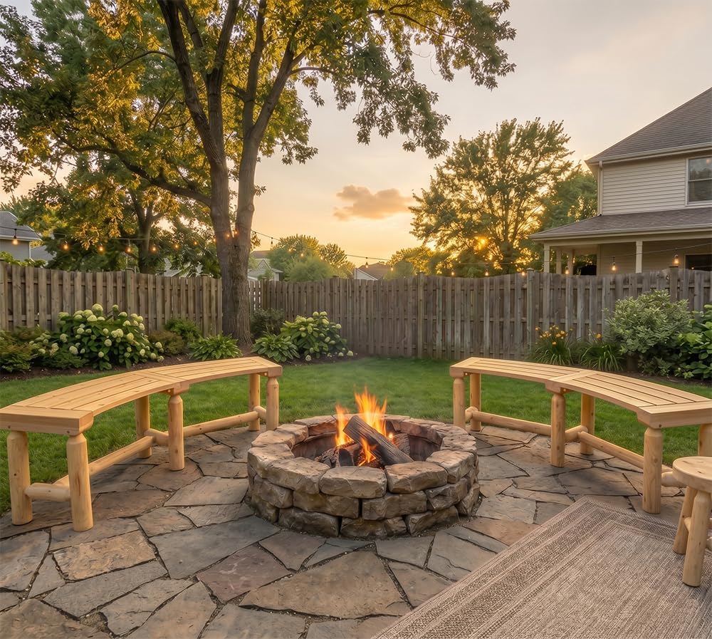 FORTUNO Outdoor Wooden Curved Backless Porch Bench Rustic Style Cedar/Fir Wood Log Fire Pit Bench for Patio Garden Deck and Backyard, 40"-54" W×13" D×16.5" H, Natural
