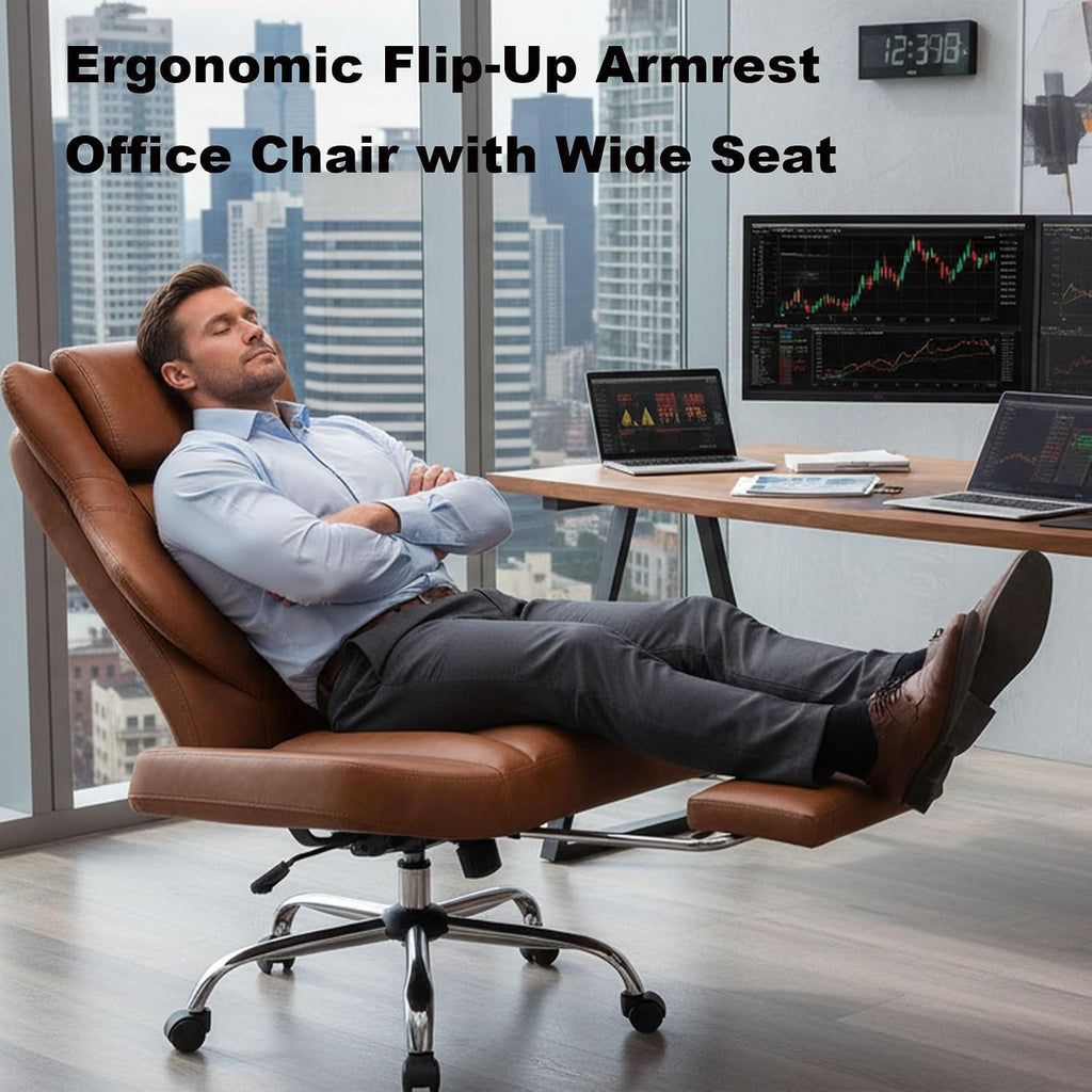 DYHOME Criss Cross Office Chair with Footrest, Executive Ergonomic Flip-Up Armrest Chair, Adjustable Reclining Computer Desk Chair for Working, Gaming, Relaxing, Brown PU Leather
