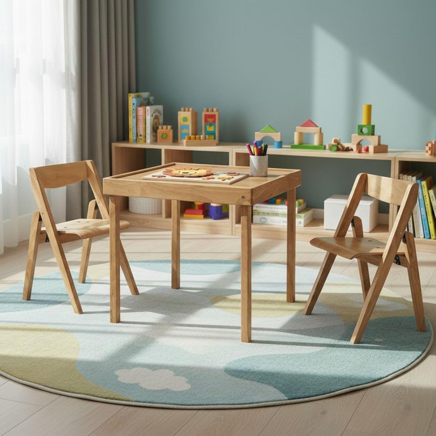 Stakmore Juvenile Children's Folding 3 Piece Natural Wooden Table and Chair Furniture Set with No Pinch Points for Kids Ages 3 and Up (3-Piece Set)