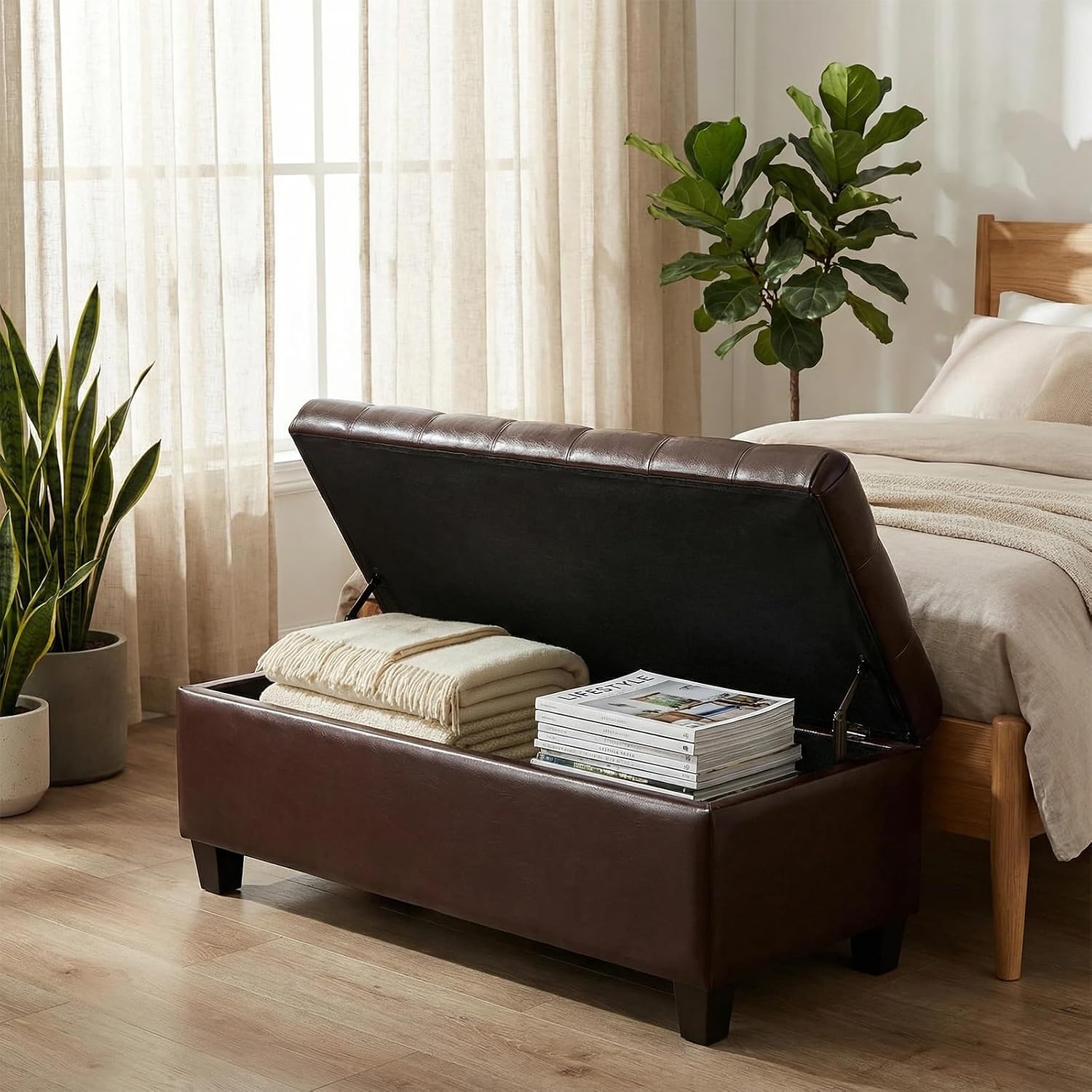 Chifee & Vingol 50" PU Ottoman with Storage Oversized End of Bed Storage Bench Upholstered Benches for Entryway, Living Room, Bedroom-Dark Brown