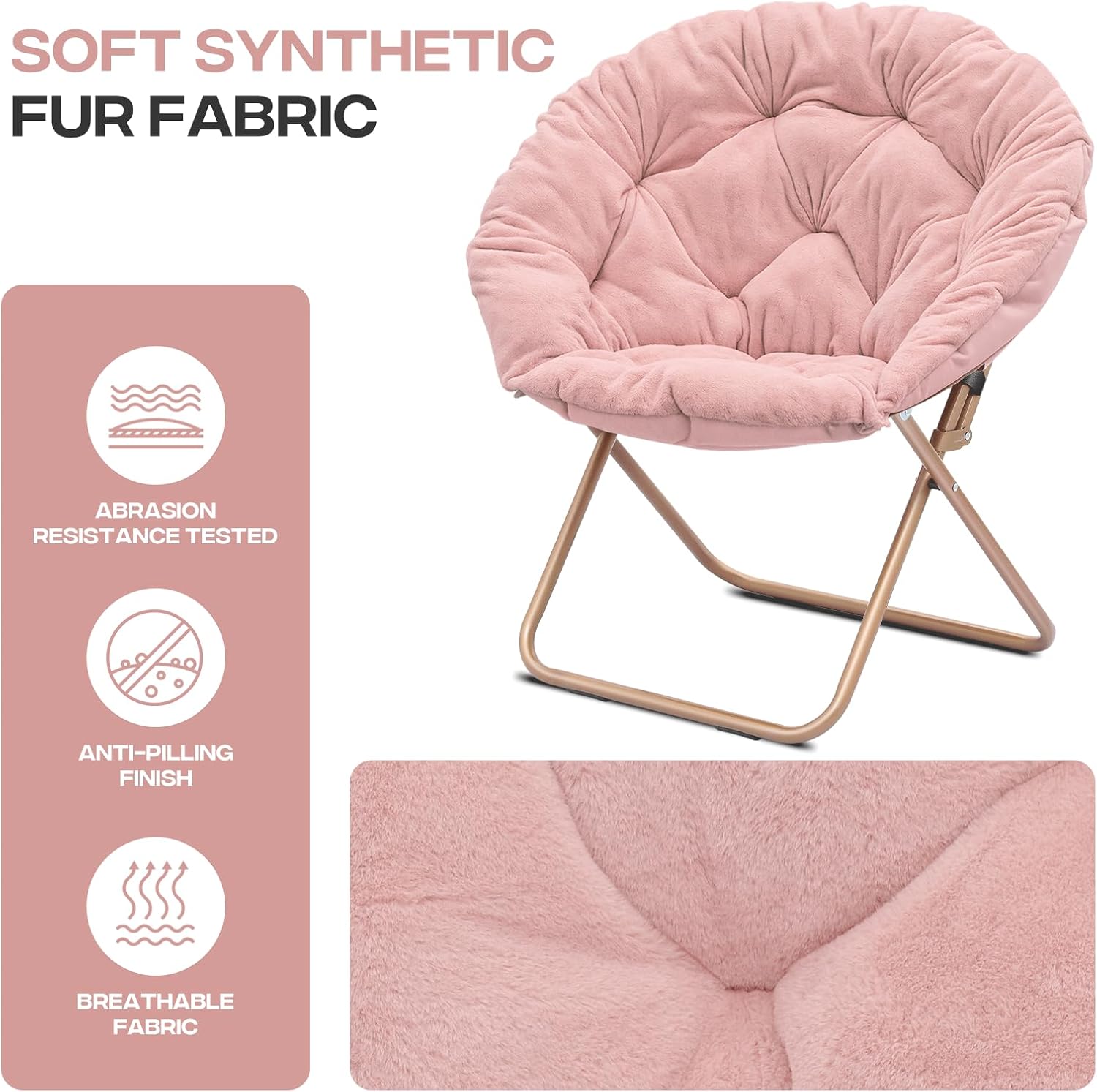 Cozy Saucer Chair, Living Room Chair, Faux Fur Soft Thick Padded Folding Chair, Comfortable Moon Chair for Living Room, Bedroom, Reading Nook, Modern Style, Pink