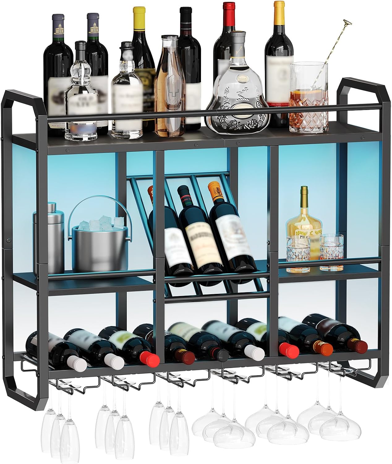 HOOBRO Wall Mounted Wine Rack with LED Light, Wine Shelf with Glass Holder | 4 Tier Metal Hanging Wine Display Shelf, Liquor Bottle Display Rack, for Kitchen, Home Bar, Dining Room