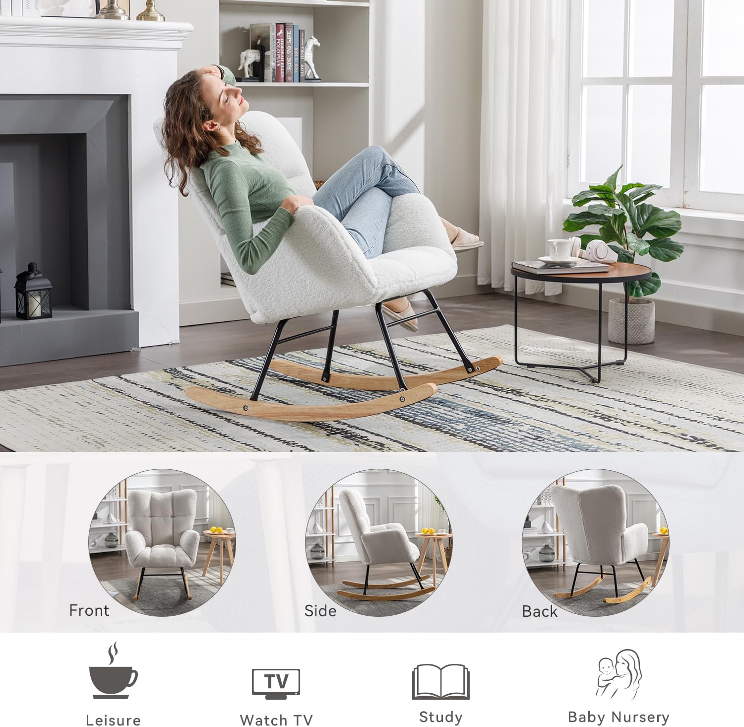 FOXHUNTER Rocking Chair Nursery Teddy Upholstered Glider Rocker High Backrest Nursery Rocker Comfortable Stylish Accent Armchair for Living Rooms Bedrooms Offices (Teddy Ivory)