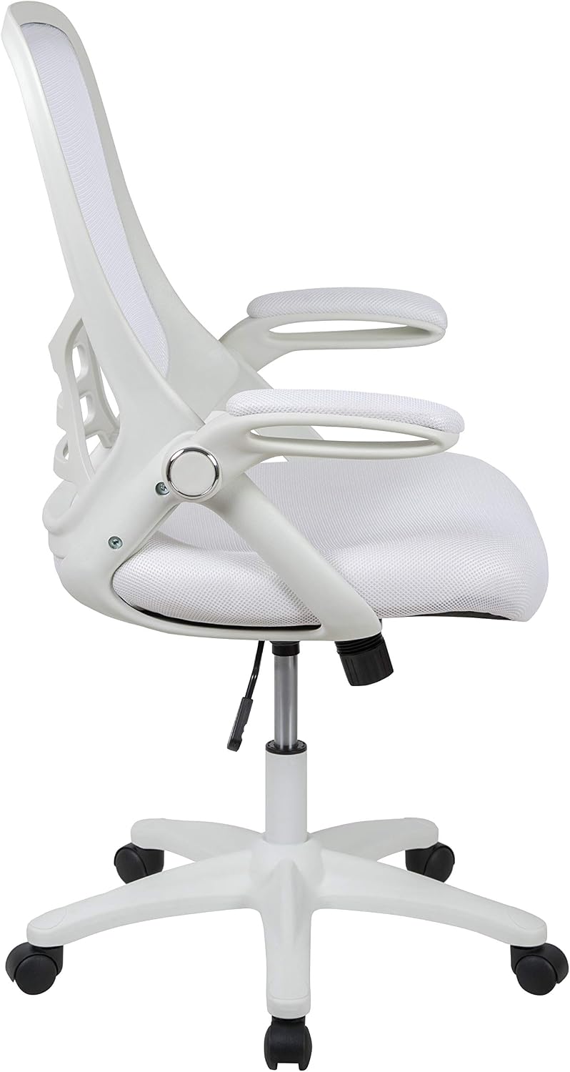 EMMA + OLIVER High Back White Mesh Ergonomic Swivel Office Chair with White Frame and Flip-up Arms