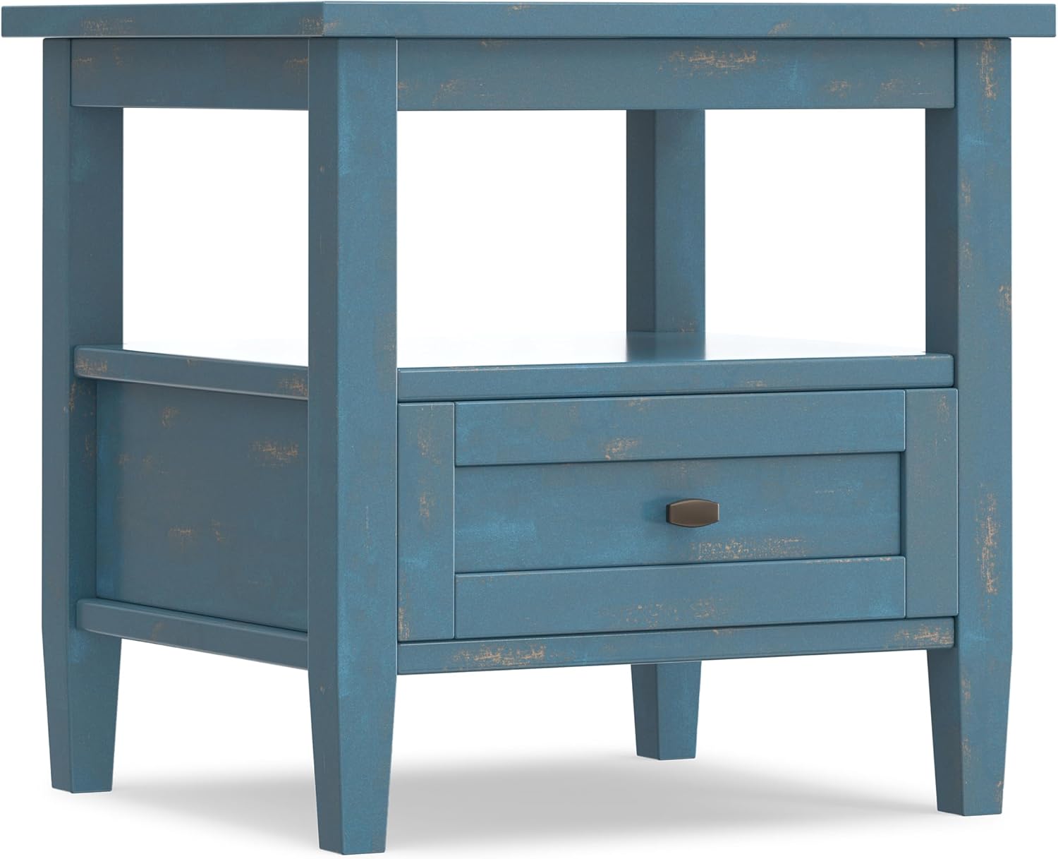 SIMPLIHOME Warm Shaker End Table - 20" Wide x 20" High Solid Wood Square Accent Table in Distressed Coastal Blue, Transitional Side Table for Living Room with Drawer, Open Shelf and Tapered Legs