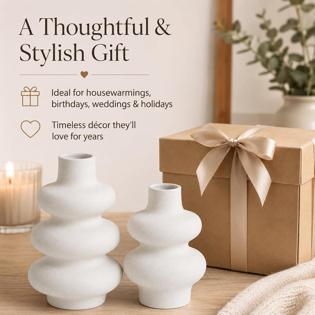 Ceramic Vase Set, Modern White Vases for Living Room Decor | Set of 2 off white ceramic round vases styles pampas, dried stems or empty display for modern neutral decor.