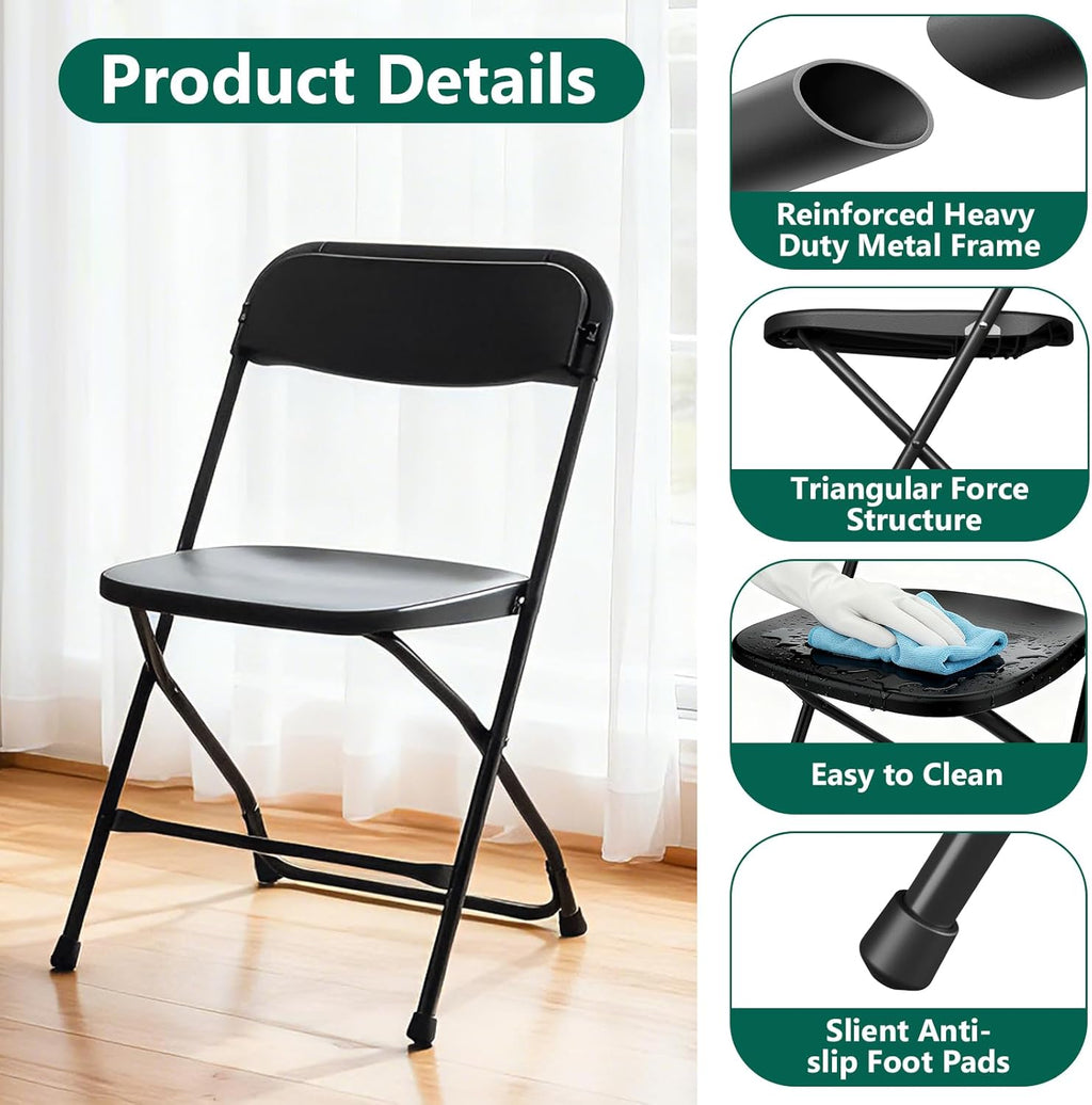 Folding Chairs 4 Pack, Outdoor Plastic Sturdy Metal Folding Chairs for Outside Indoor, Portable 350 lbs Capacity Heavy Duty Foldable Commercial Seating for Picnic, Party, Patio, Office, Black Color