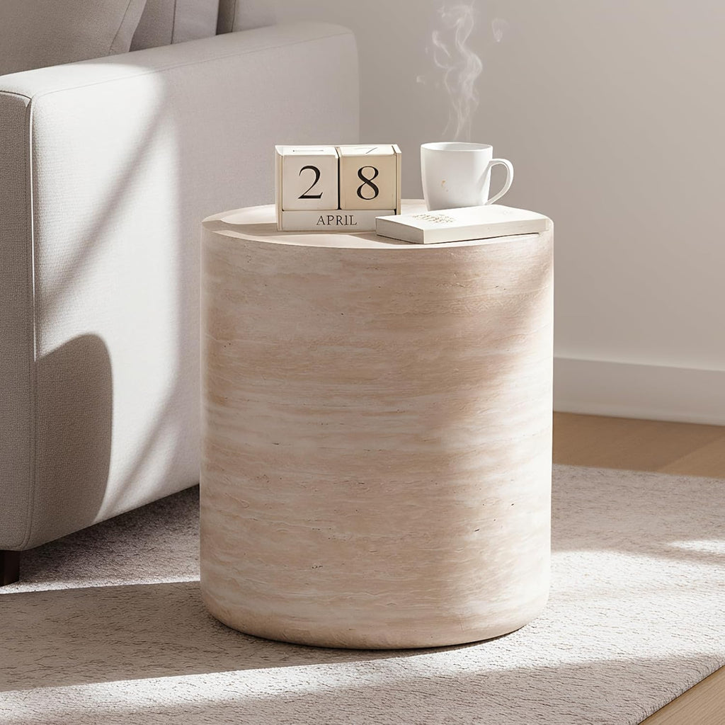 Henf Round End Table Faux Travertine Modern Sofa Side Table for Living Room, Modern Small Circle Faux Marble Side Table for Apartment, No Assembly Required