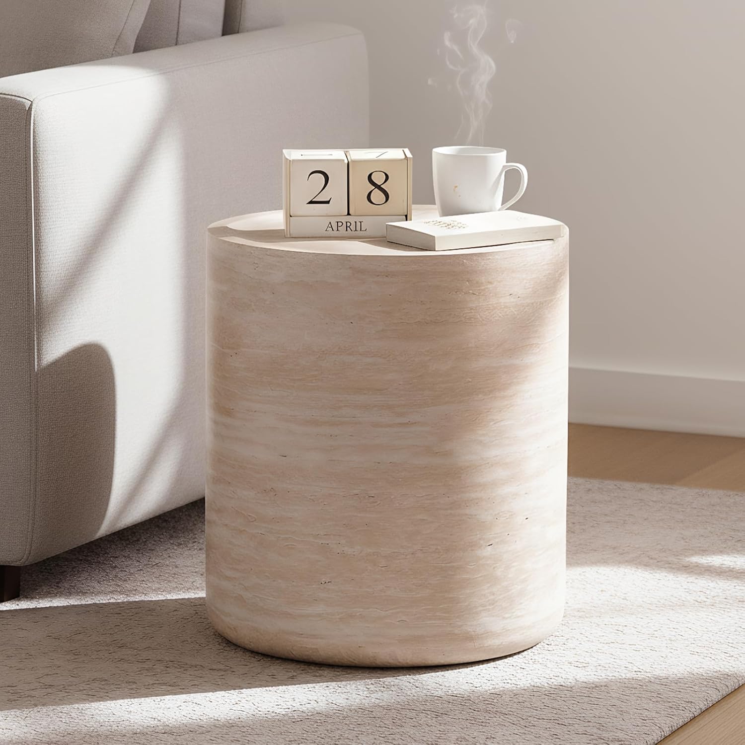 Henf Round End Table Faux Travertine Modern Sofa Side Table for Living Room, Modern Small Circle Faux Marble Side Table for Apartment, No Assembly Required