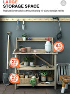 ARNOT Potting Bench, Enhanced 3-Shelf Potting Benches for Outdoors, Wooden Garden Potting Bench Tables W/Metal Tabletop & Cabinet Drawer, 3 Hooks