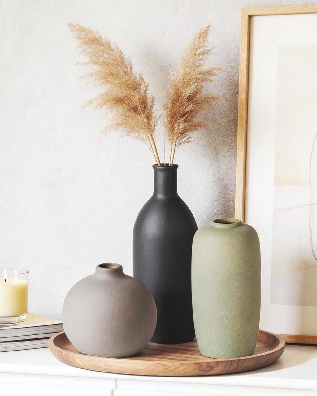 Ceramic Modern Vase Set of 3, Neutral Small Decorative Pottery Vases | Rustic Farmhouse Decor for Pampas Grass, Dried or Fresh Flowers, Perfect Vase Decor for Shelves&Small Spaces, Morandi Color