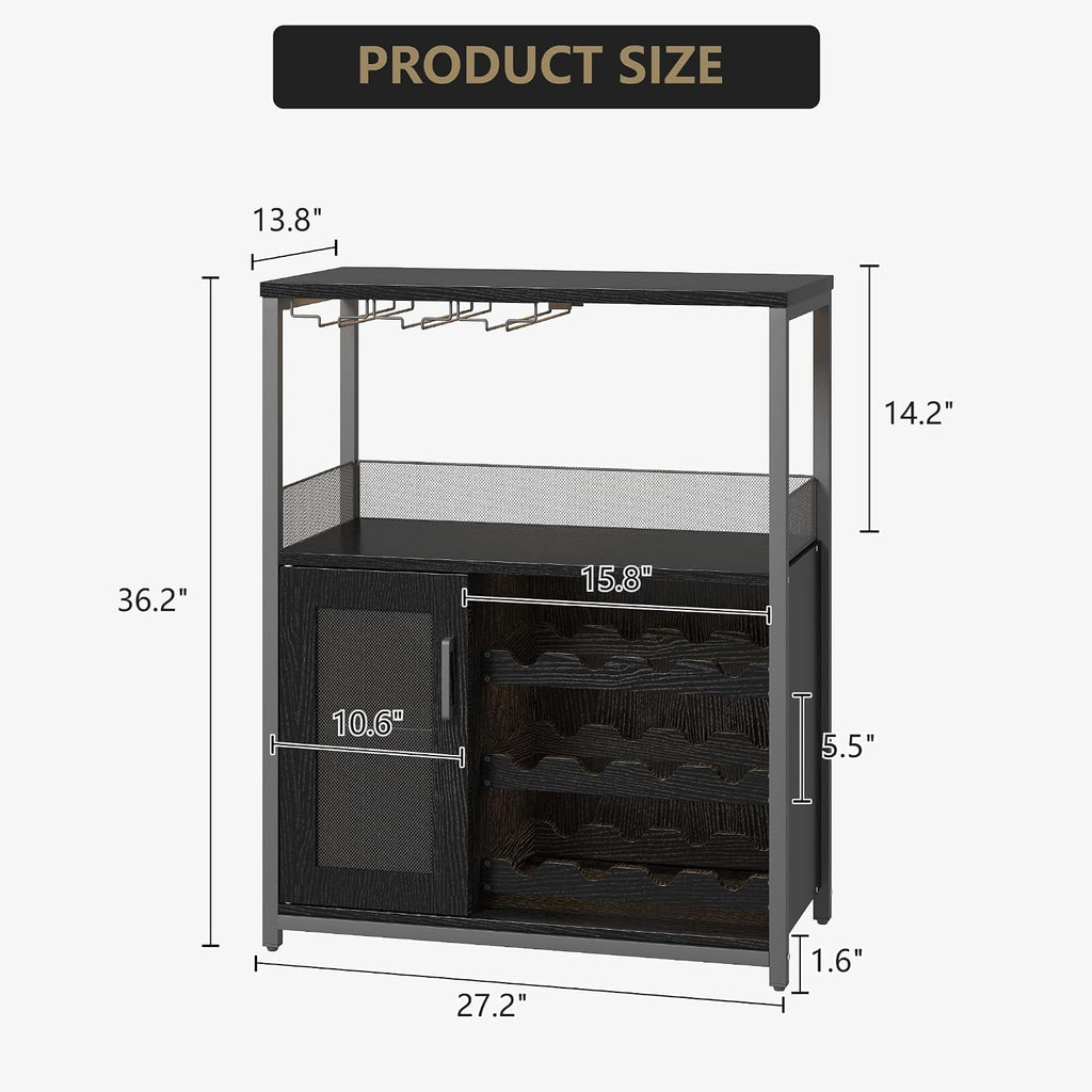 Wine Bar Cabinet with Wine Rack & Glass Holder, Wine Rack Table with Baffle Design, Adjustable Feet & Shelves | Armario de Vino con Repisa para Vinos, Soporte para Copas & Estantes Ajustables -Blk