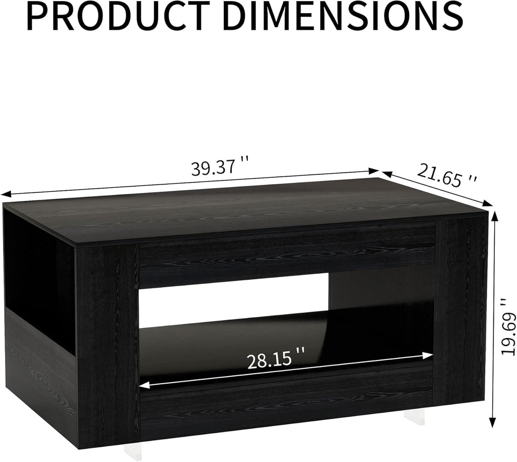 Coffee Table with Storage, 39" Small Center Table with Transparent Legs and Sides Storage, Minimalist Modern 2-Tier Coffee Tables for Living Room, Home Office, Apartment, Black Wood Grain