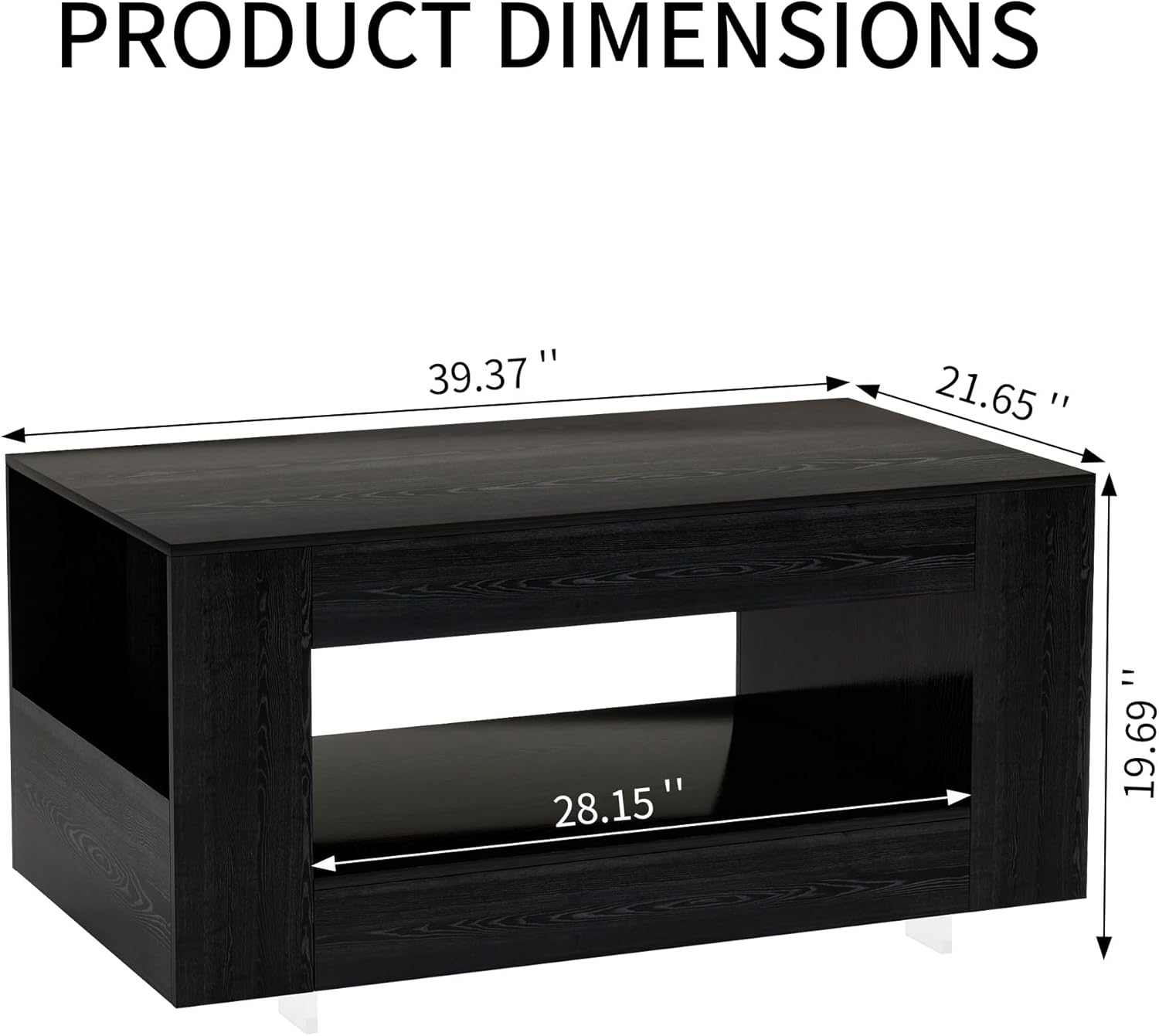 Coffee Table with Storage, 39" Small Center Table with Transparent Legs and Sides Storage, Minimalist Modern 2-Tier Coffee Tables for Living Room, Home Office, Apartment, Black Wood Grain