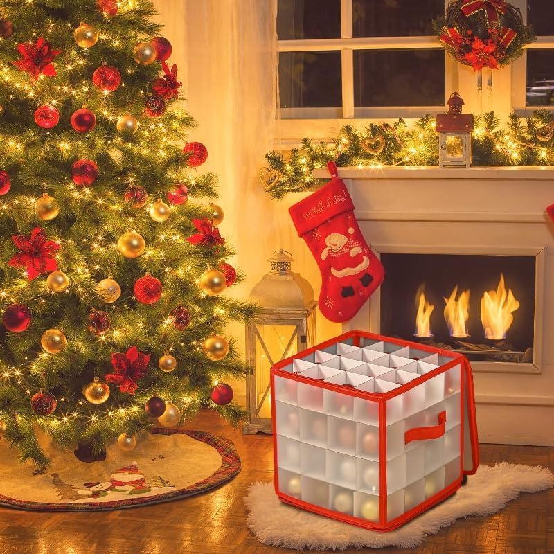Christmas Ornament Storage Box,4 Tier Christmas Storage Box with Lid,64 Ornament Box With Durable Zippers and Dividers,Non-Woven & Tear-Proof Christmas Ornament Storage Containers,for 3"Seasons Balls
