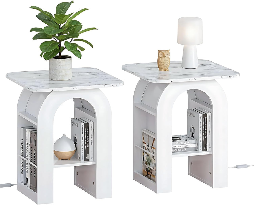 Furnaza End Table Set of 2,Marble Top Beside Table with LED Stip,Nightstand Set for Living Room, Dining Room, Office