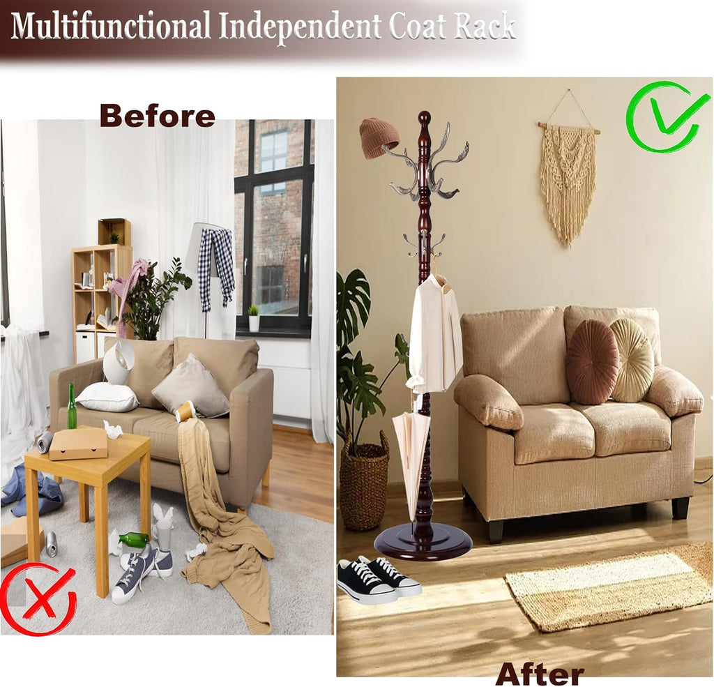 Coat Racks Free standing, Natural Wood Coat Rack Stand With 14 Hooks, Heavy Duty Adjustable Height Coat Racks For Entryway Hallway Foyer Office Bedroom (Redwood)