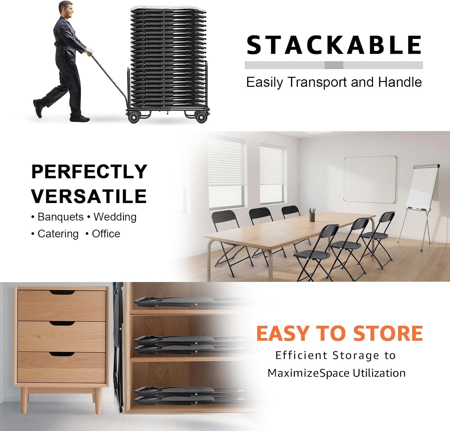 10 Pack Black Folding Chairs, Portable Stackable Commercial Foldable Chair, Indoor Outdoor Plastic Folding Chair for Events/Office/Home/Wedding/Party, 400lbs Capacity