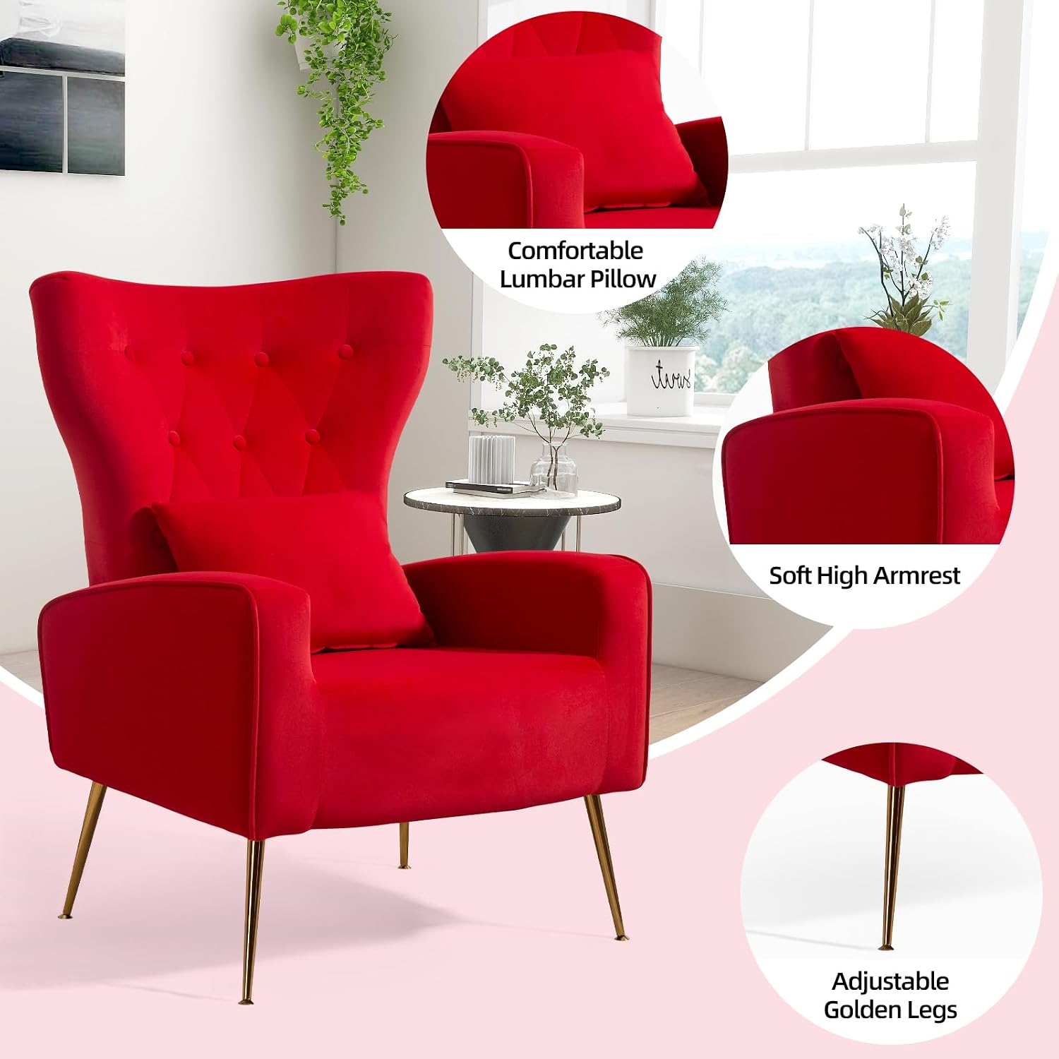 ZJhome Button-Tufted Velvet Accent Chairs, WingBack Living Room Chair Armchair with Lumbar Pillow, Bedroom Chairs Arm Chair with Golden Legs, Red