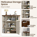 Halitaa Corner Storage Cabinet, 6-Cubby Wooden Cabinet with USB Ports and Outlets, Farmhouse Corner Bookshelf with Storage Industrial Organizer for Study, Playroom, Living Room, White and Brown