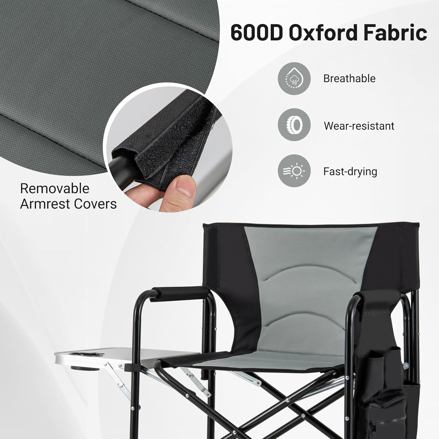 COSTWAY 46" Tall Directors Chair, Folding Makeup Artist Chair with Foldable Side Table & Footrest, Extra Cup Holder, Bottom Mesh Bag & Storage Pocket, Camping Chair for Lawn & Yard, Black+Gray