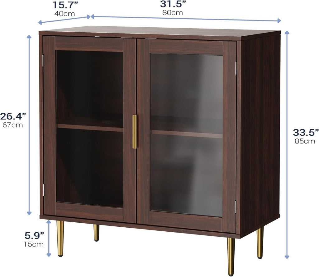 Housoul Buffet Cabinet with LED Lights, Sideboard Cabinet with 2 Doors Acrylic, 32" Modern Buffet Cabinet with Shelf, Coffee Bar Cabinet for Living Room, Kitchen, Walnut