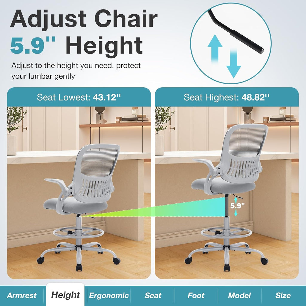 Drafting Chair Tall Office Chair for Standing Desk Counter Height Adjustable, Egronomic Lumbar Support with Flip Up Armrest, Footrest, Rolling, Grey, 1pc