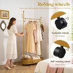 Cuteam Rolling Clothes Rack, Freestanding Metal Clothing Rack with Lockable Wheels, Mesh Storage Basket, Hooks, Movable Coat Rack for Bedroom Living Room (Golden)