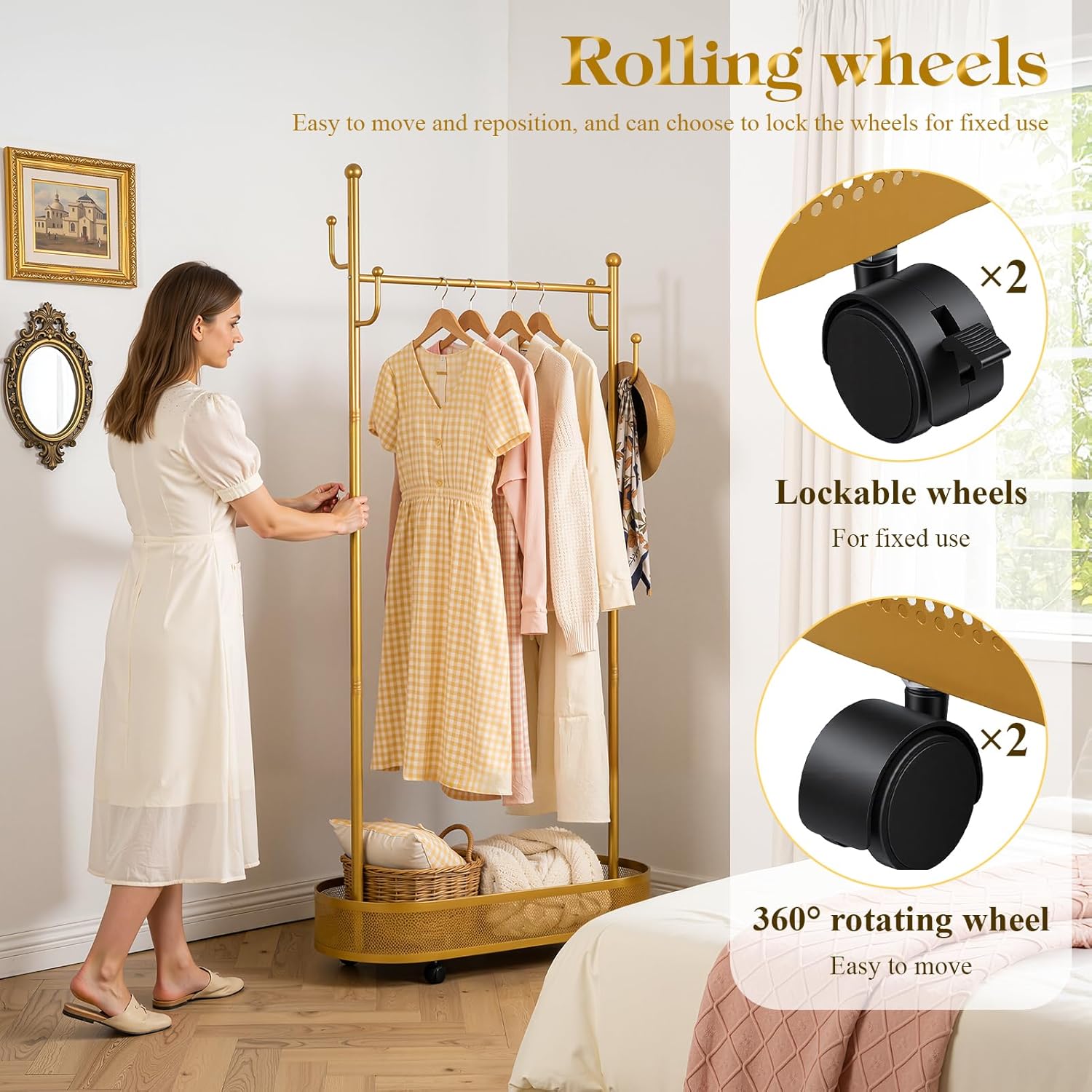 Cuteam Rolling Clothes Rack, Freestanding Metal Clothing Rack with Lockable Wheels, Mesh Storage Basket, Hooks, Movable Coat Rack for Bedroom Living Room (Golden)