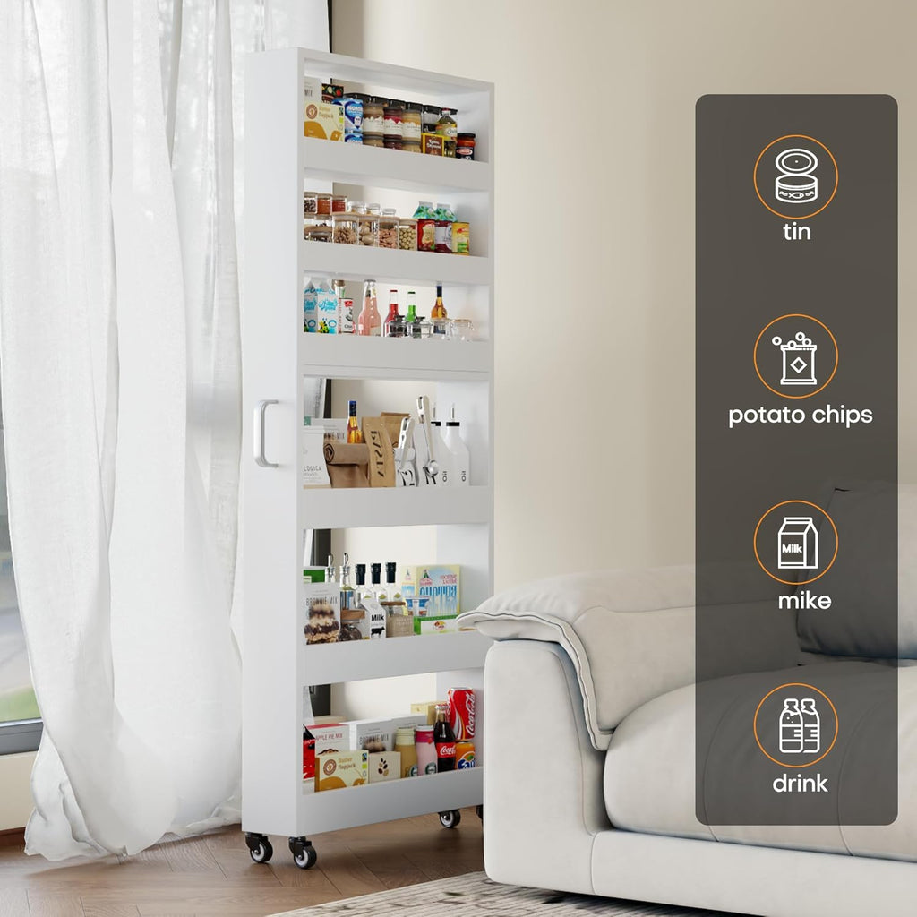 Slim Storage Cart, Lightweight 6 Tier Metal Rolling Utility Kitchen Cart on Wheels, Mobile Storage Shelving Unit Organizer for Bathroom Laundry Office Narrow Places (White, 6" D)