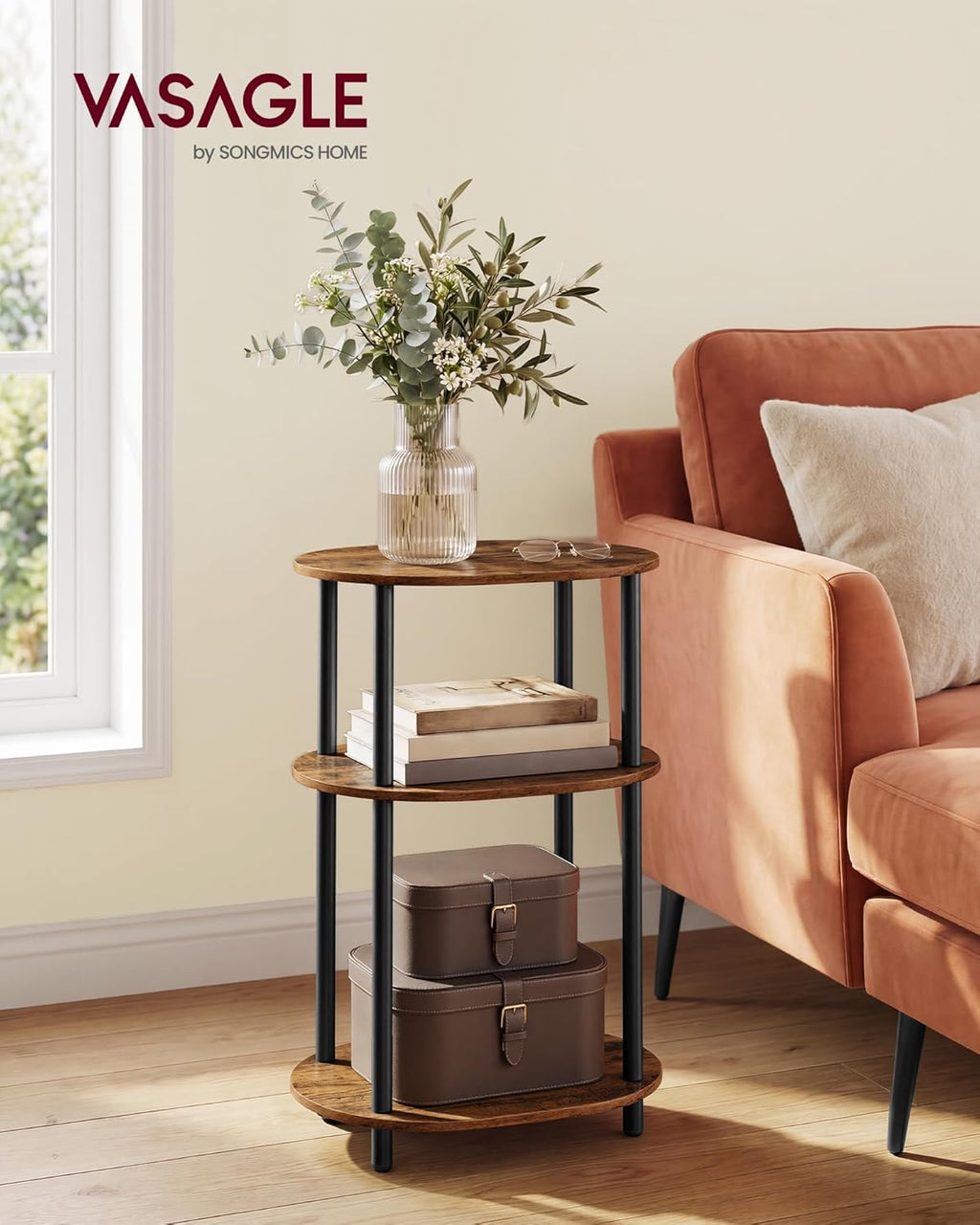 VASAGLE Side Table, Small End Table, Tall Nightstand for Living Room, Bedroom, Office, Bathroom, Steel Frame, Industrial Style, Oval, Rustic Brown and Ink Black ULET288K101