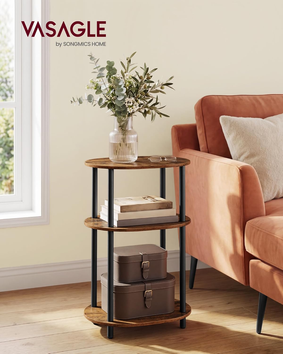 VASAGLE Side Table, Small End Table, Tall Nightstand for Living Room, Bedroom, Office, Bathroom, Steel Frame, Industrial Style, Oval, Rustic Brown and Ink Black ULET288K101