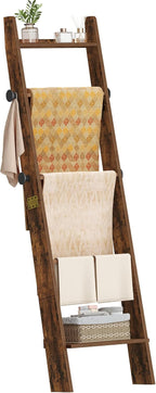 Hzuaneri Blanket Ladder for Living Room, Decorative Quilt Rack with 4 Removable Hooks, 5-Tier Blanket Ladder Shelf for Bedroom,Rustic Brown BR30501X