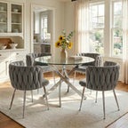 35" Round Glass Dining Table Set for 4, Modern Glass Dining Table Set with Velvet Woven Chairs, Beautiful 5-Pieces Furniture Set Suitable for Dining Room, Kitchen, Apartment and Home, Silver & Grey