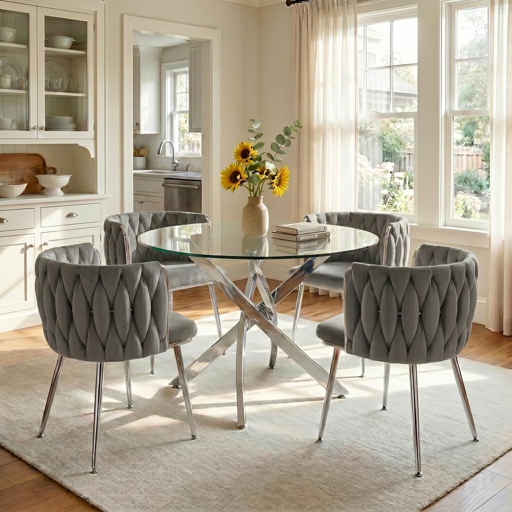 35" Round Glass Dining Table Set for 4, Modern Glass Dining Table Set with Velvet Woven Chairs, Beautiful 5-Pieces Furniture Set Suitable for Dining Room, Kitchen, Apartment and Home, Silver & Grey