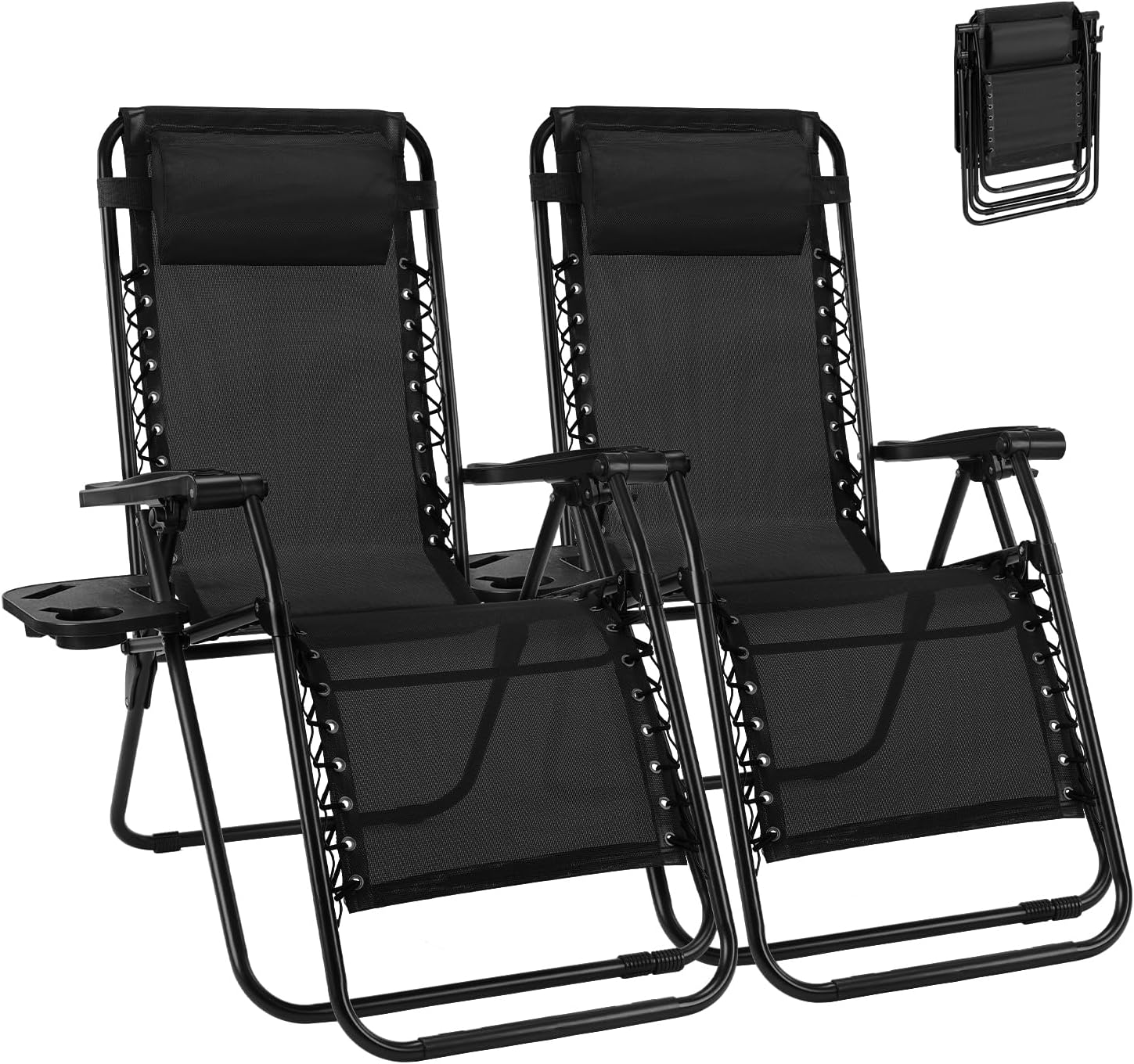 NEWBULIG Zero Gravity Chair Set of 2, Lounge Chair Folding Portable Adjustable Camping Reclining Chairs with Adjustable Pollow, Mesh Back, Cup Holder Trays Lawn Patio Chair for Pool Beach - Black