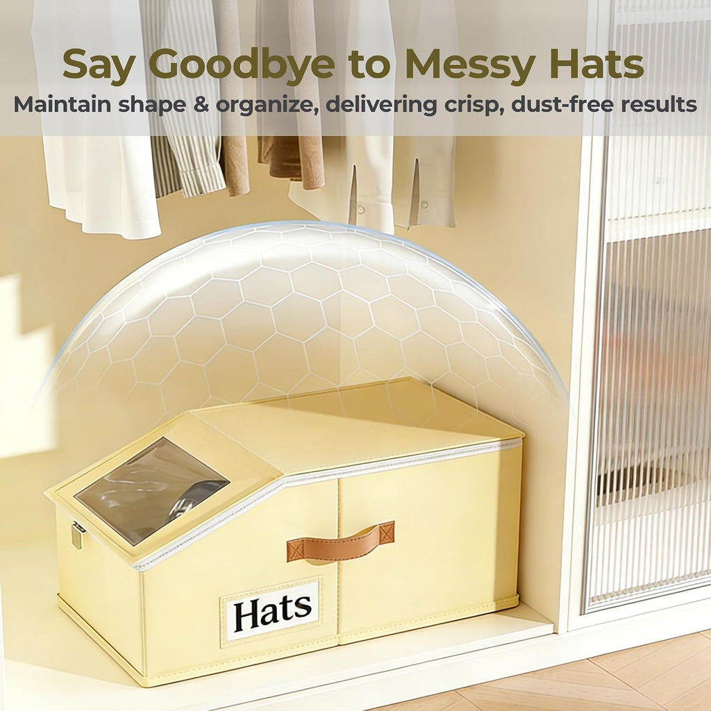 2 Pack Hat Organizer for Women & Men, Foldable Hat Storage Box with Clear Window Lid, Stackable Clear Hat Storage for Baseball, Cowboy Caps, Store up to 28 Caps, Butter Yellow