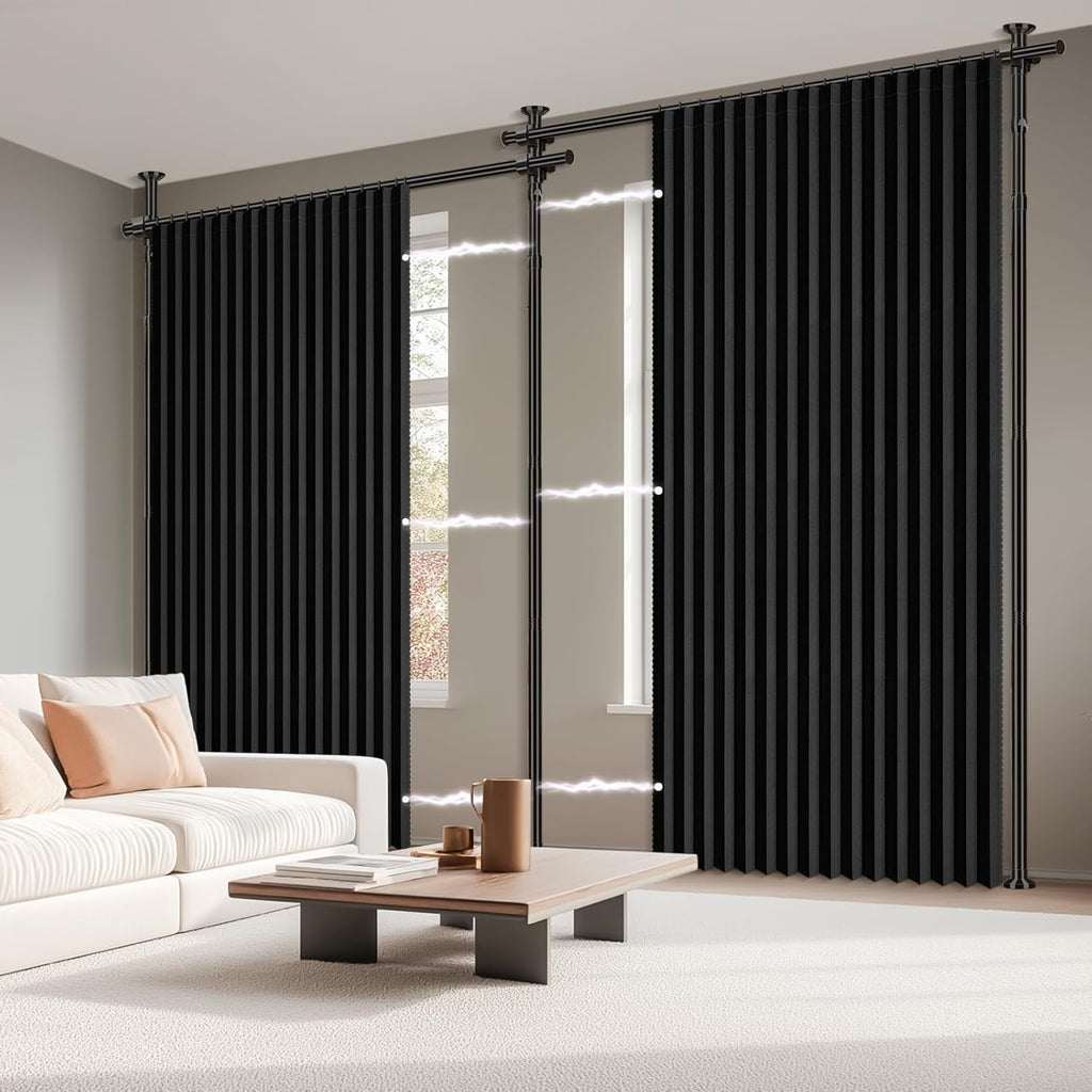 100% Blackout Room Divider Curtains Sets Black 2 Panels W100 x L84in No Drill Curtain Rods(H) 43-120×(W) 35-200 in for Studio Apartment Dorm Office