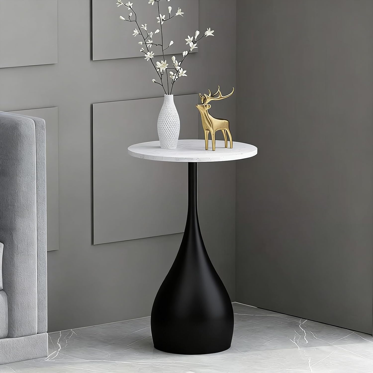 14'' Round End Table for Living Room, Faux Marble Top Nightstands Modern Sofa Side Table Accent BedsideTable with Anti-Slip Pads Ideal for Living Room Bedroom Small Spaces (White Black)