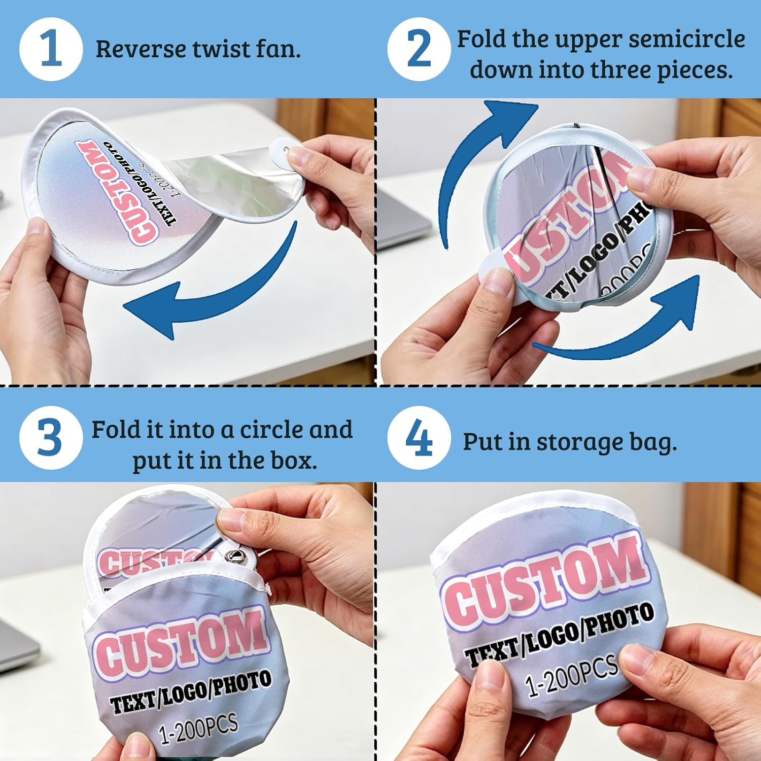 HJX 100Pcs Custom Folding Fans with Logo Text, Personalized Foldable Flying Disc Fans Bulk for Trade Shows Party Wedding Favors Advertising Summer Events Company Promotional Items(100)