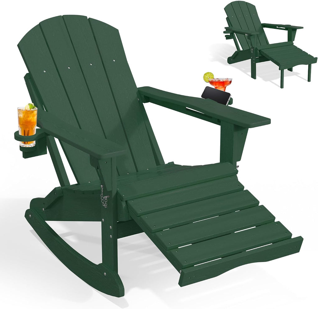 PLUUV Folding Adjustable Adirondack Rocking Chair with Retractable Ottoman and Cup Holders, Weather Resistance Outdoor HDPE Adirondack Rocker Patio Chair, Wood-Like Reclining Adirondack Chair, Green