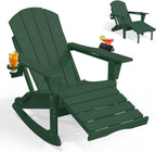 PLUUV Folding Adjustable Adirondack Rocking Chair with Retractable Ottoman and Cup Holders, Weather Resistance Outdoor HDPE Adirondack Rocker Patio Chair, Wood-Like Reclining Adirondack Chair, Green