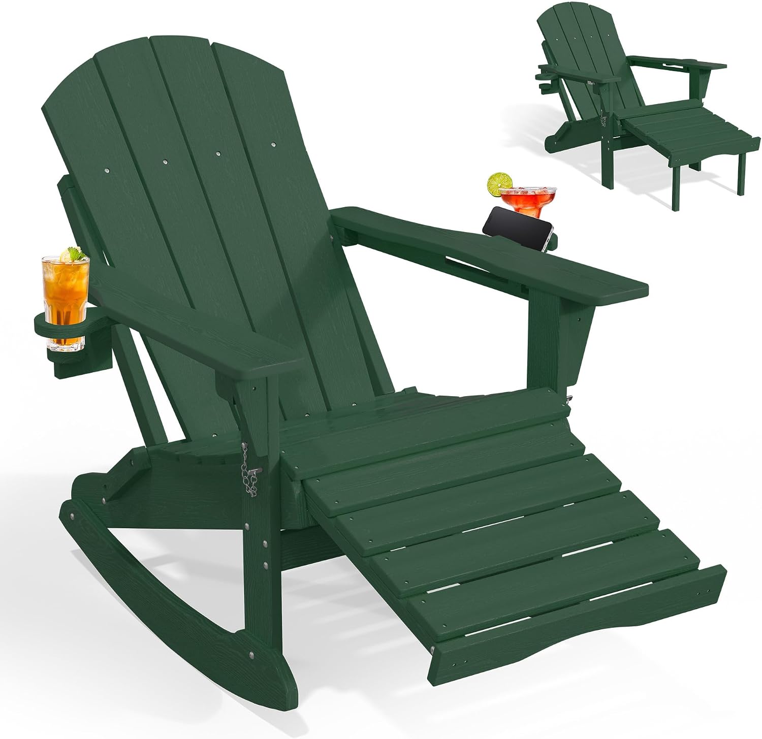 PLUUV Folding Adjustable Adirondack Rocking Chair with Retractable Ottoman and Cup Holders, Weather Resistance Outdoor HDPE Adirondack Rocker Patio Chair, Wood-Like Reclining Adirondack Chair, Green