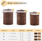 Round Water Hyacinth Laundry Hamper with Lid Handwoven Wicker Basket with Handles for Dirty Clothes, Storage, and Organization Ideal for Bedroom, Bathroom, and Laundry Room, No Assembly Required, 90L