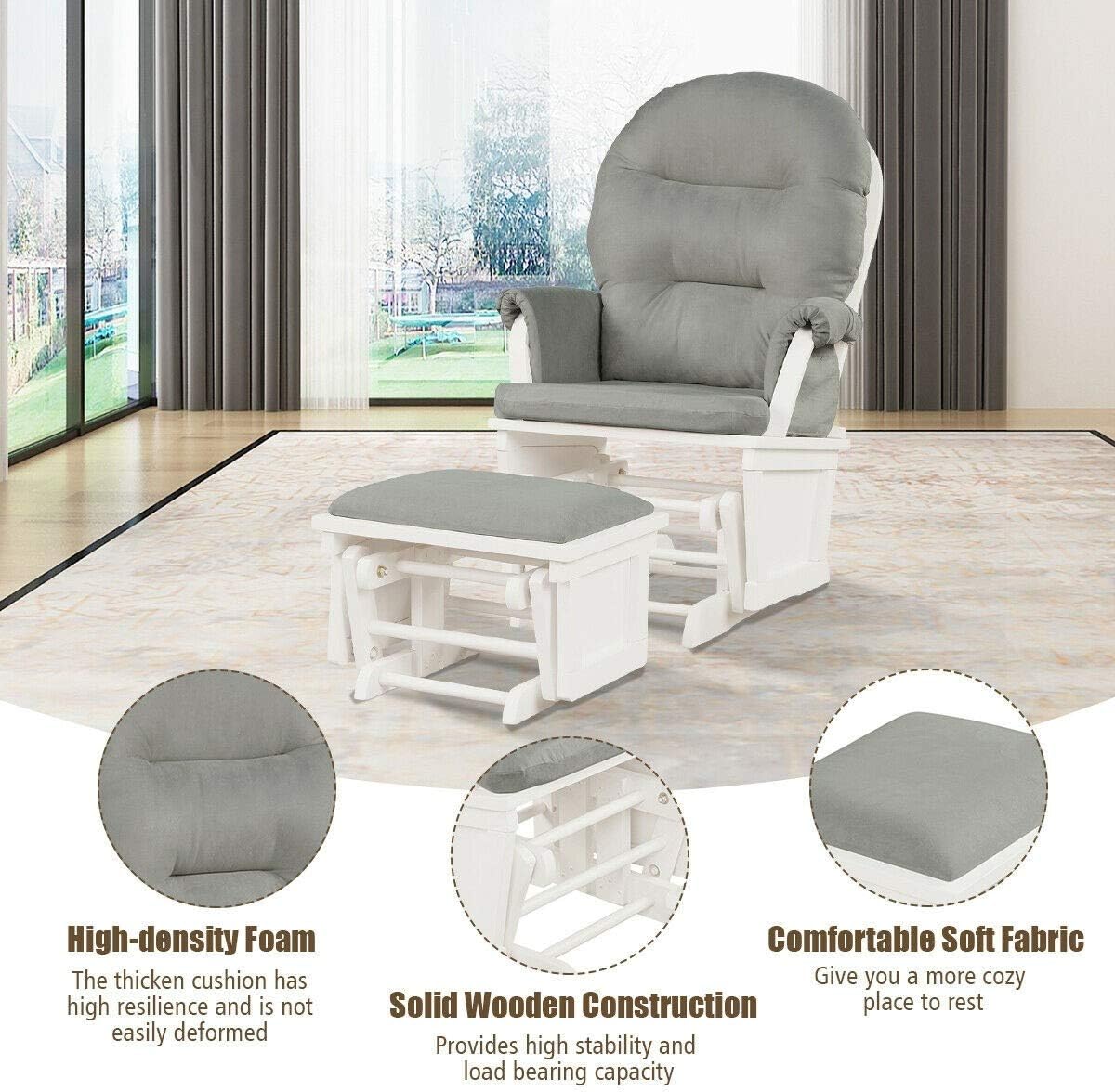 Baby Nursery Glider Chair Smooth Rocking Chair for Baby Nursing Babies Glider and Ottoman Upholstered Comfort Relax Rocker Chair with Padded Arm Cushions & Storage Pocket (Light Gray)