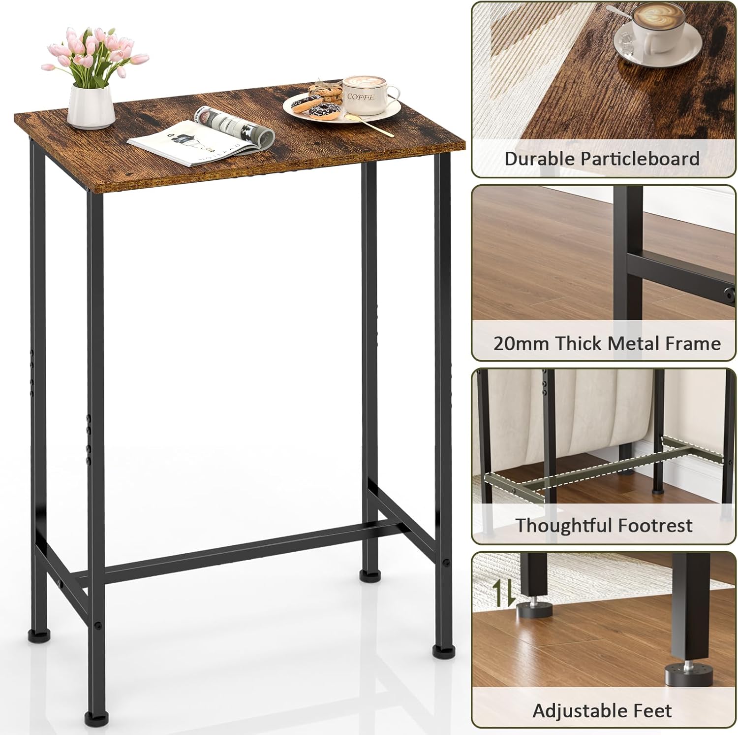 DAOUTIME Bar Height Table, Compact Bar Table, Counter Height Kitchen Dining Table for Apartment Breakfast Nook Home Bar, Sturdy Metal Frame, Small Console Table for Narrow Spaces