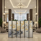 MyGift 6-Panel Large Bamboo Room Divider with Dual-Sided Asian Birds and Gingko Tree Sunset Print, Freestanding Privacy Screen with Brown Solid Wood Frame